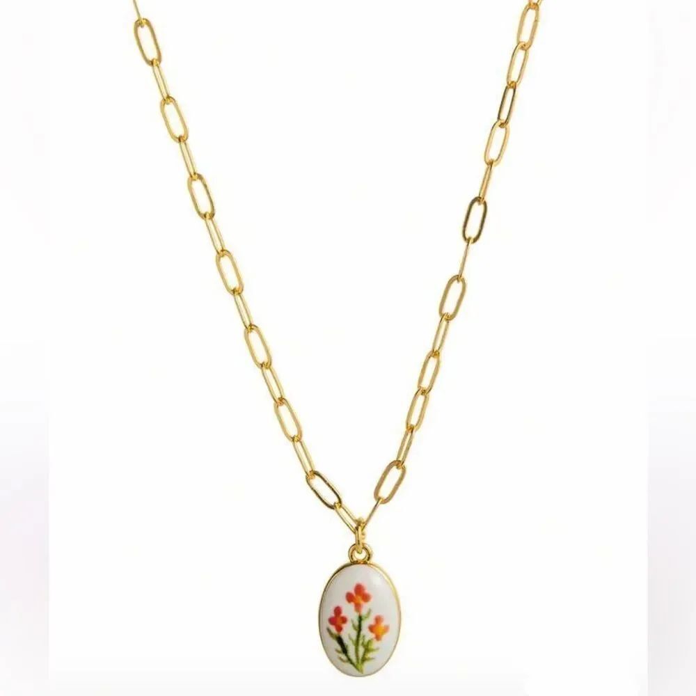 Gold oval red flower pendant Necklace A1701